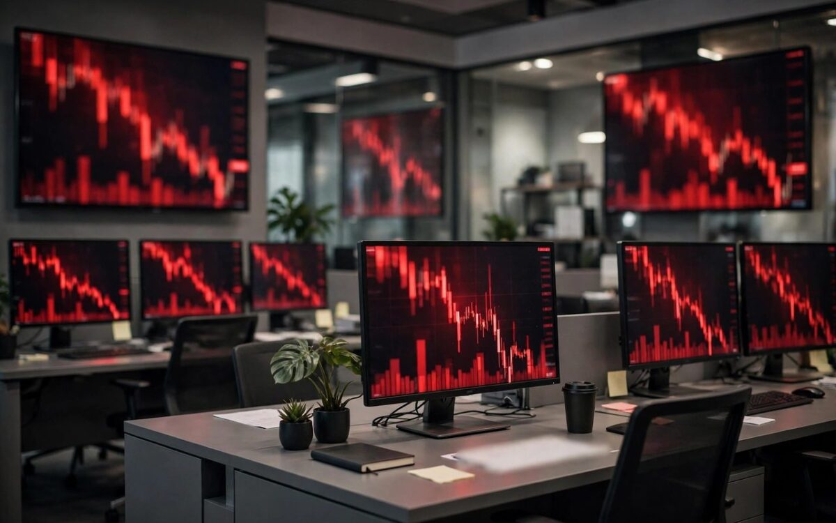 Stock market trading screens showing falling indices