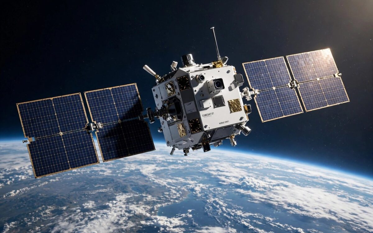 Small satellite with solar panels deployed in low Earth orbit