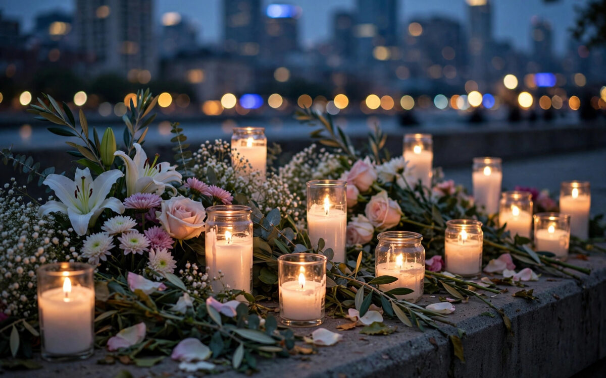 Candles and flowers at a memorial for Oct. 7 victims in Tel Aviv