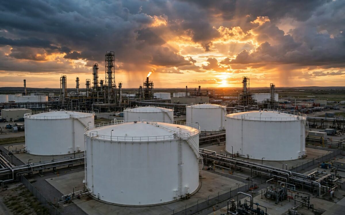 Oil storage tanks at an industrial refinery at sunset