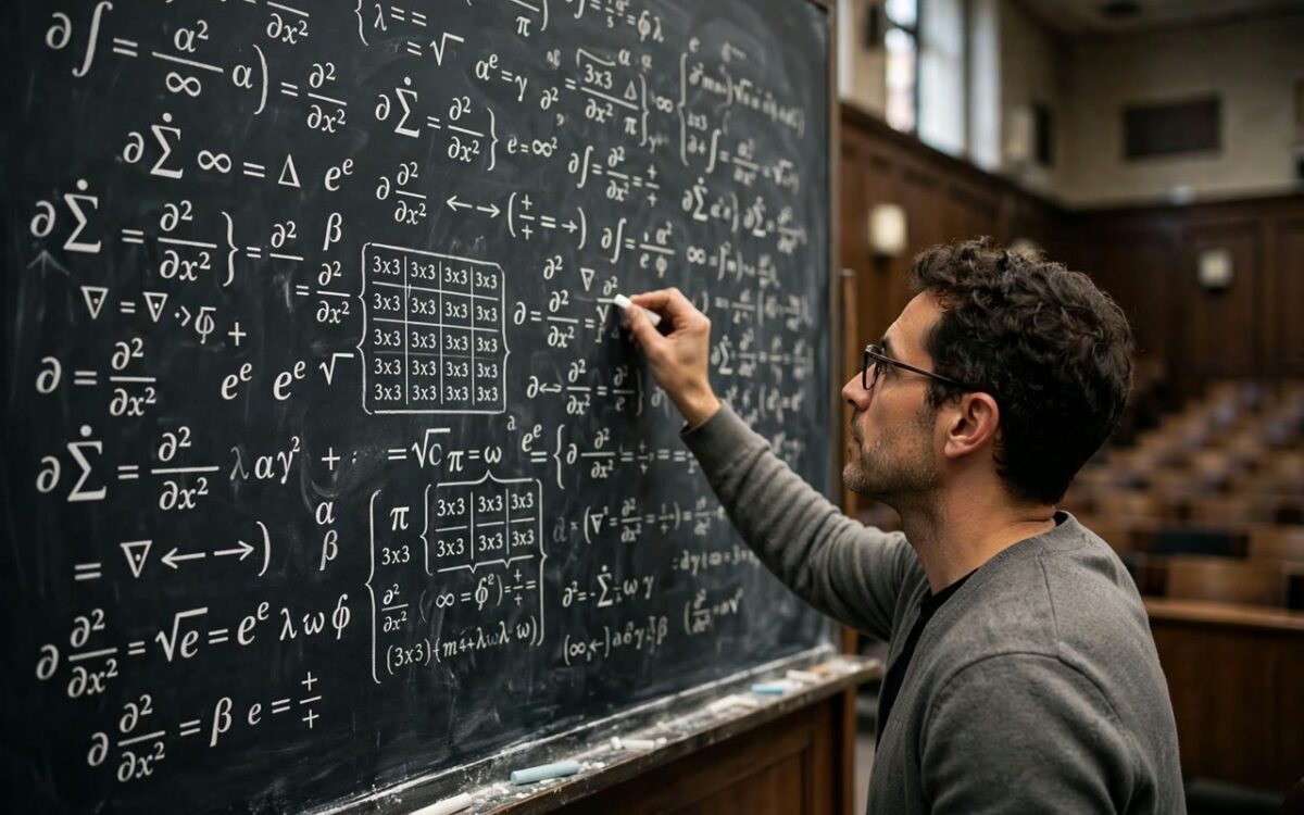 Mathematician writing complex equations on a chalkboard