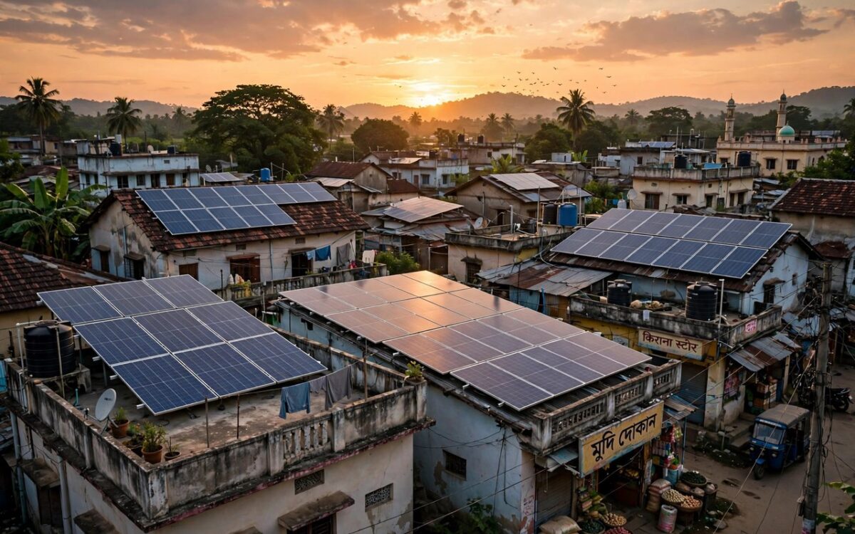Rooftop solar panels on houses in a South Asian town at sunset