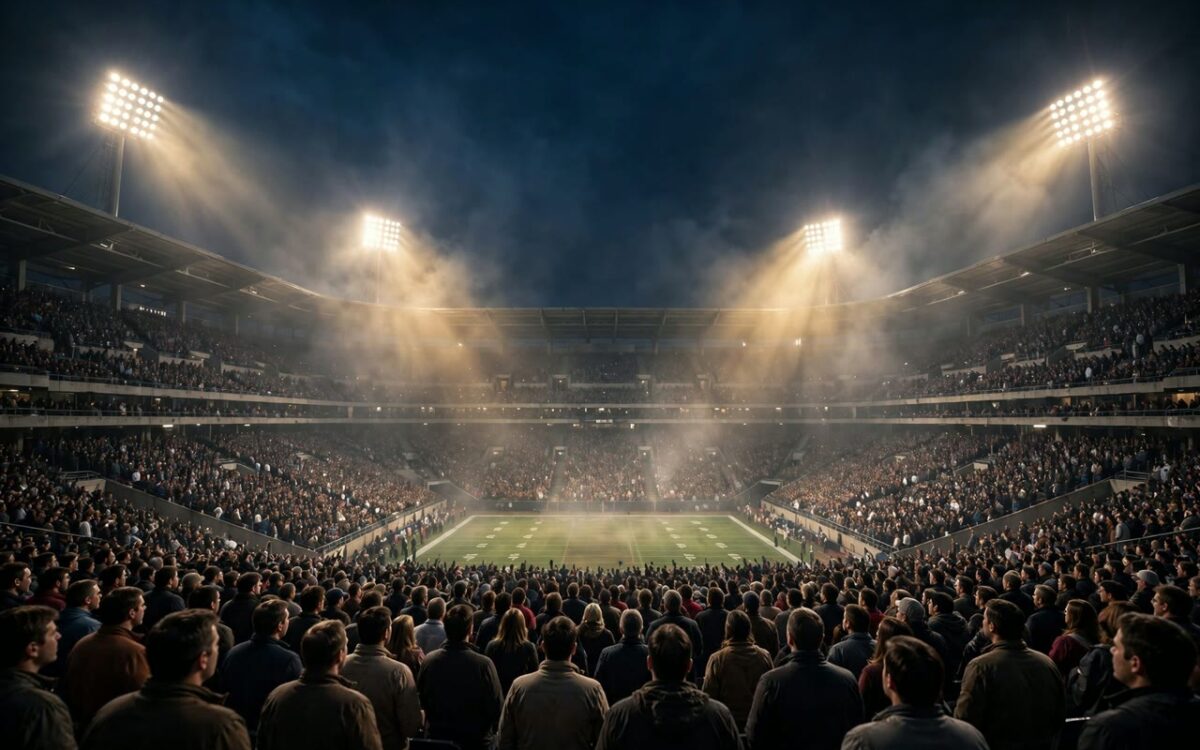 Football stadium floodlights over a packed crowd at night