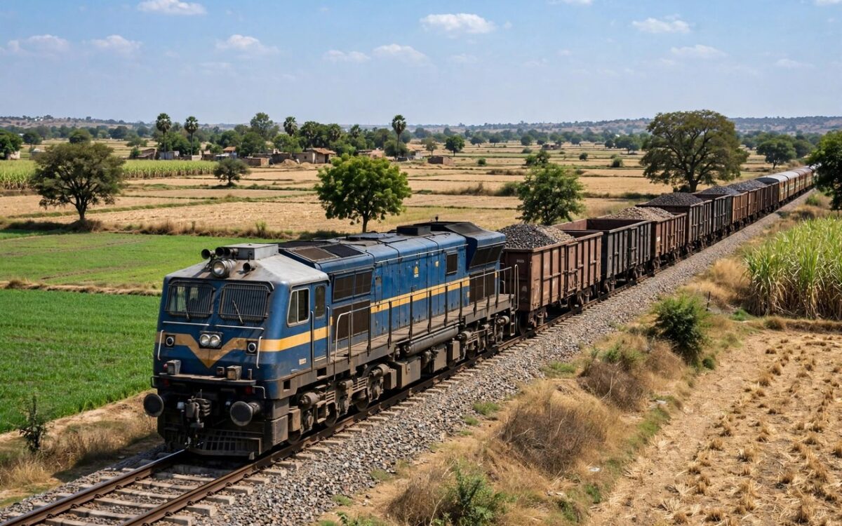 Indian Railways freight train on newly laid railway tracks