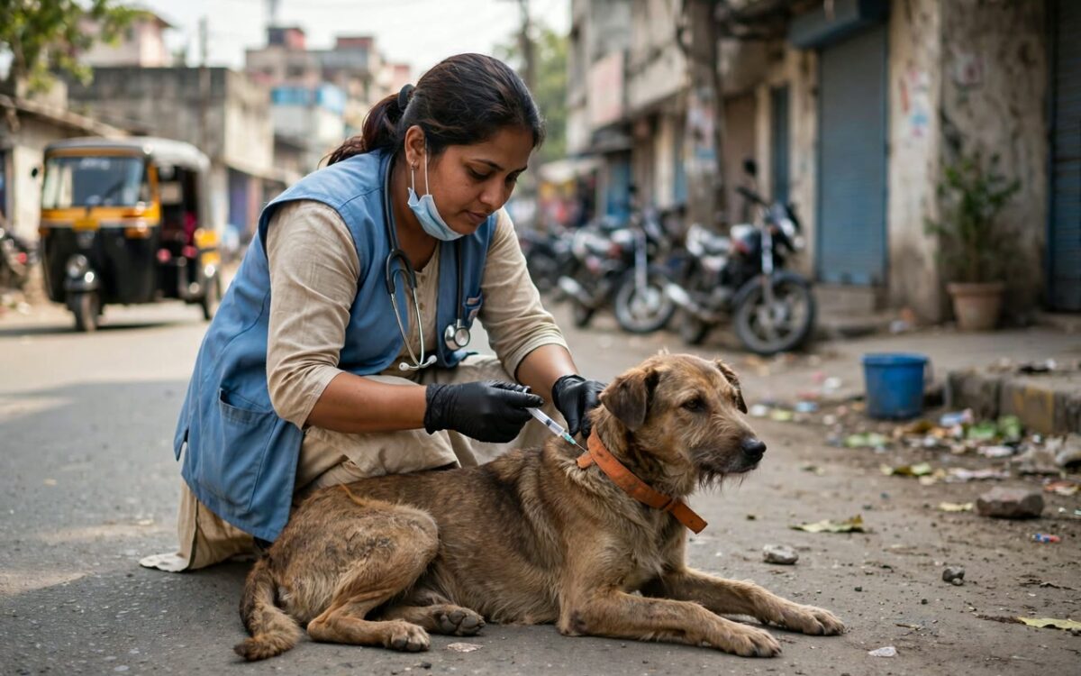 Stray dog being vaccinated by a veterinary worker in India