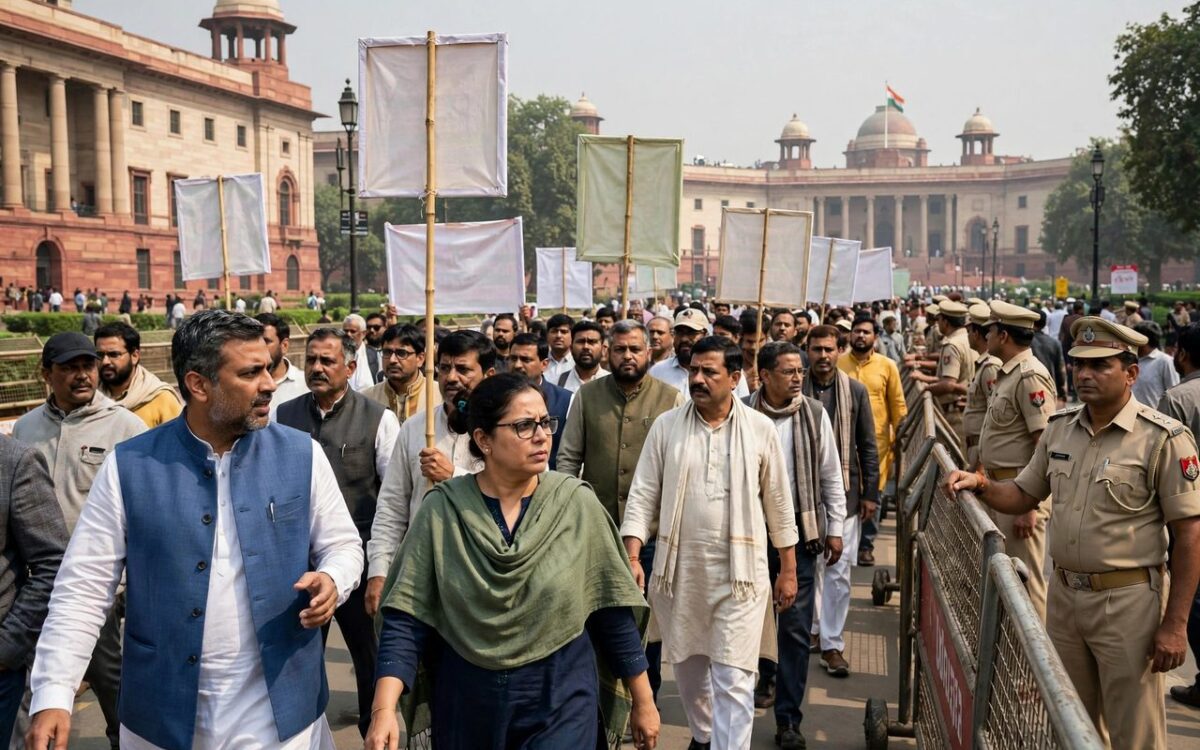 Rahul Gandhi and opposition MPs during the protest march in New Delhi