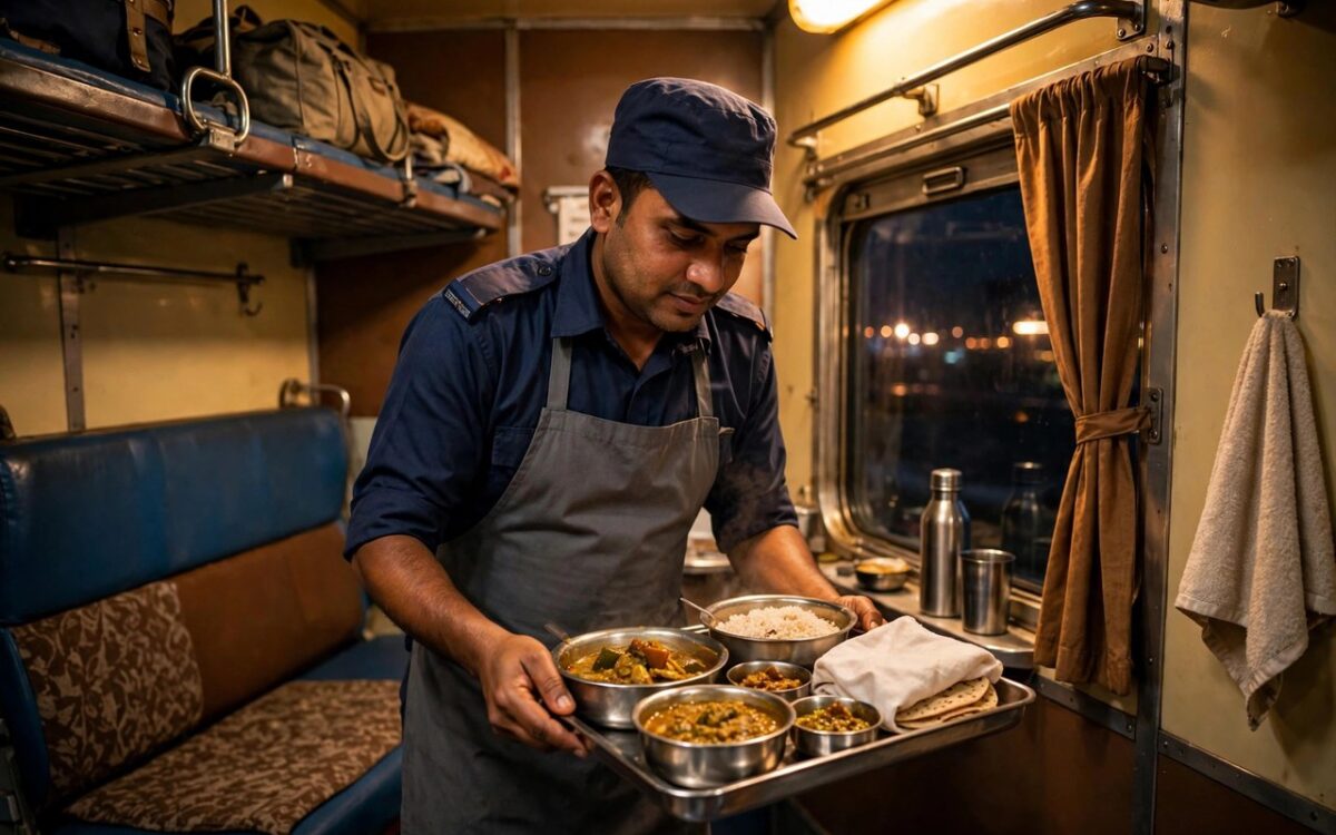 Indian Railways train pantry staff serving food on a train