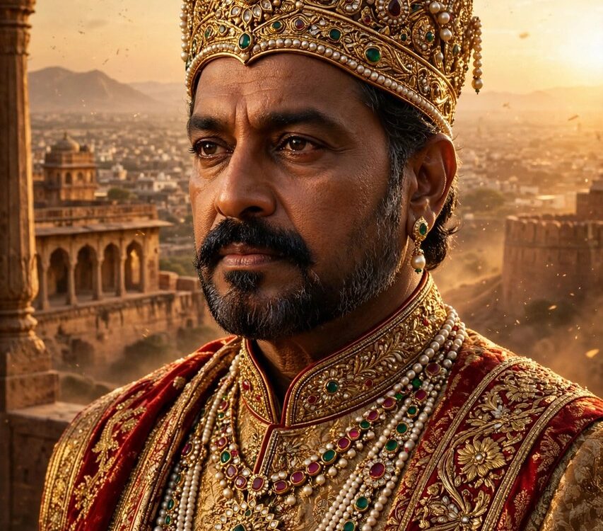 Epic film poster style artwork of an Indian king