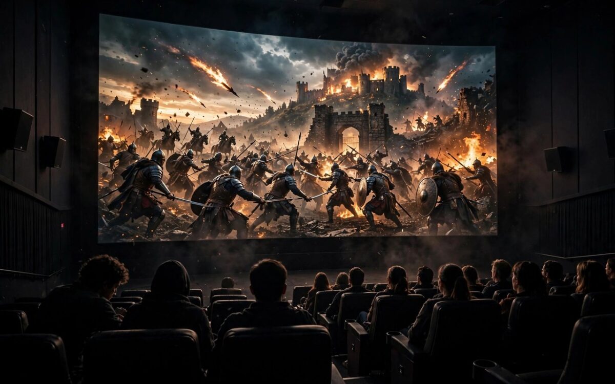 IMAX cinema screen showing an epic mythological film scene