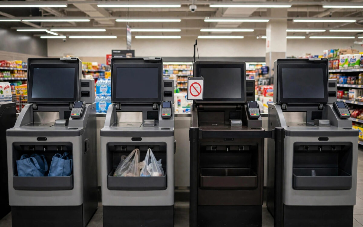 Self-checkout machines in a supermarket with a closed sign