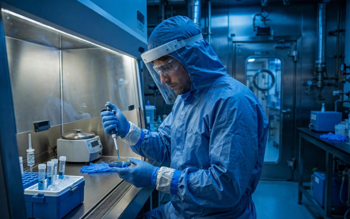 Scientist in protective equipment inside a laboratory
