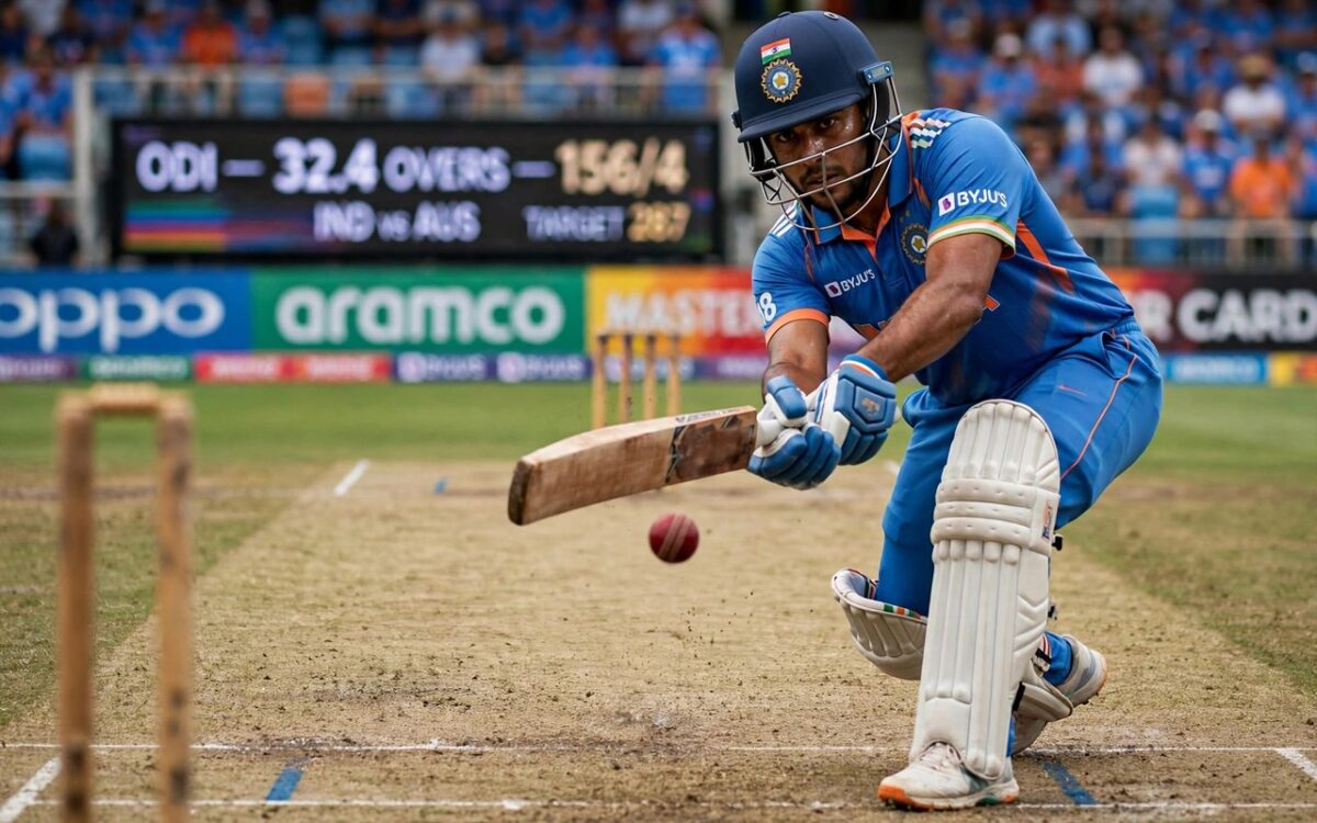 Cricket pitch close-up with a batsman playing a shot during an ODI match