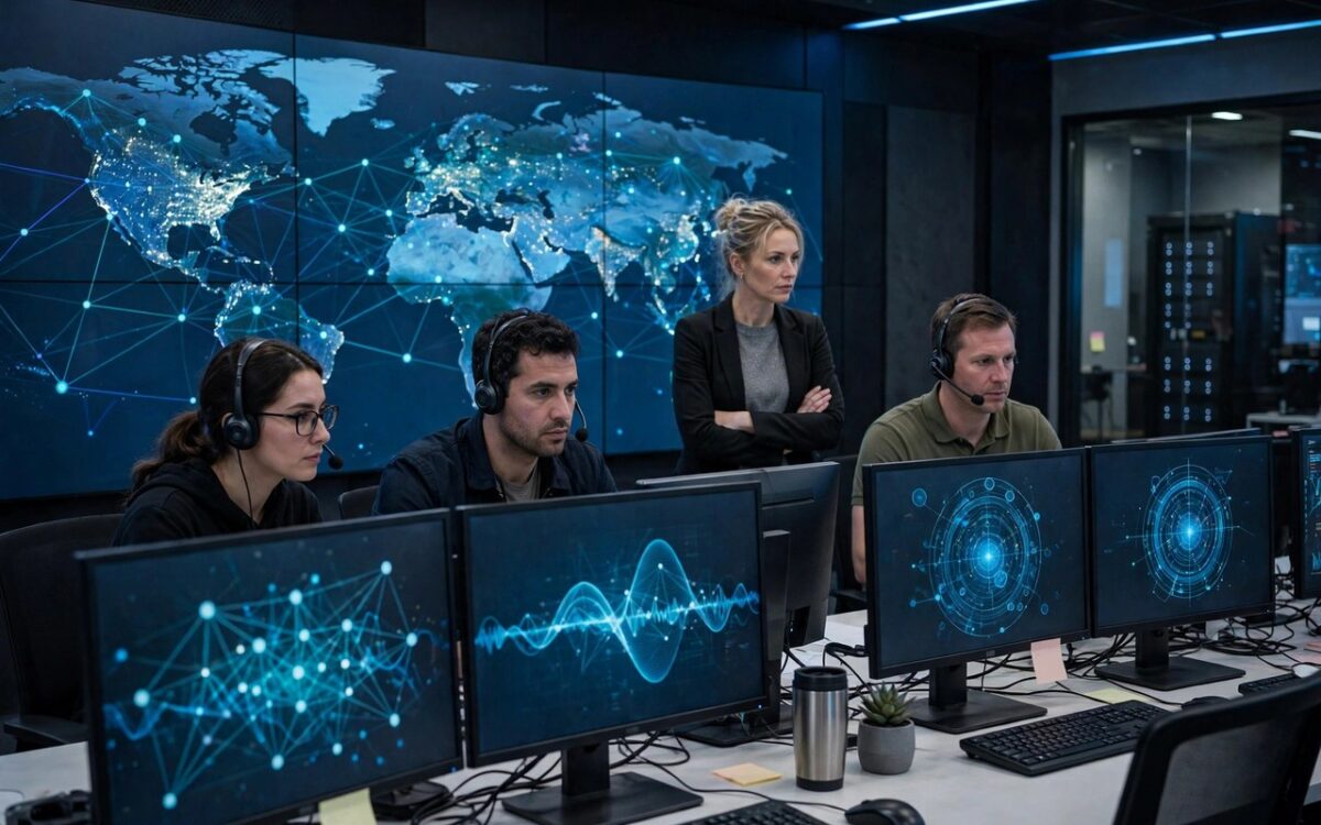Cybersecurity team monitoring AI systems in a control room