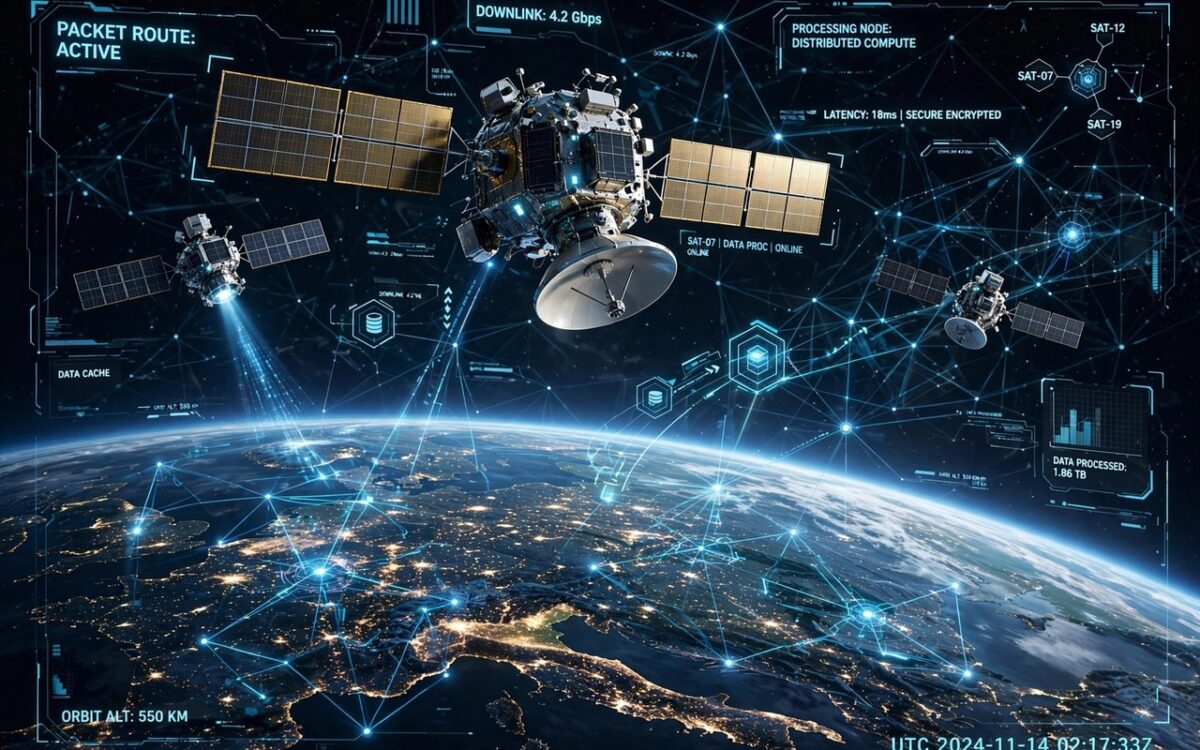 Satellites orbiting Earth processing data with a digital network overlay
