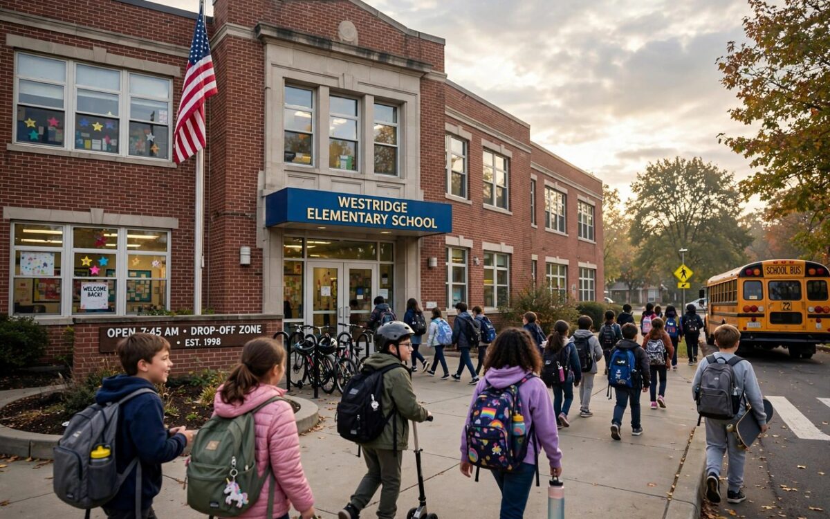 School building with students arriving in the morning
