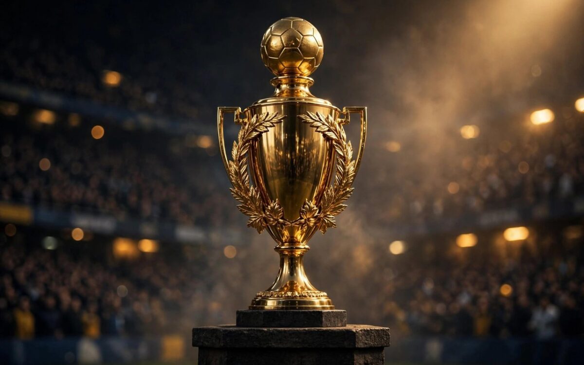 Golden football trophy with stadium background