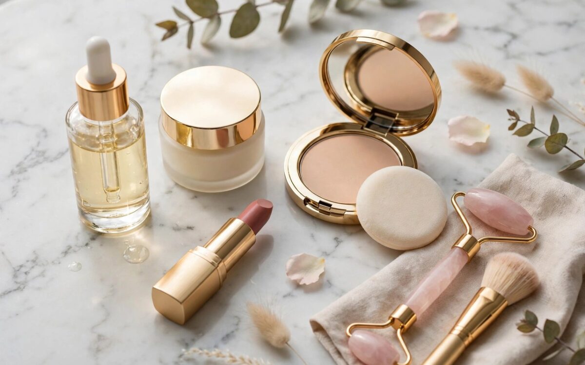 Cosmetics and beauty products arranged elegantly
