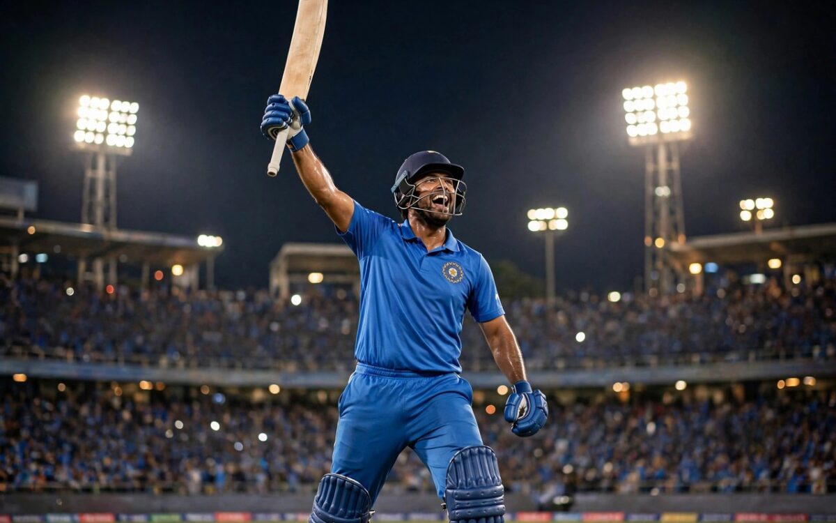 Indian cricketer Shreyas Iyer celebrating a century during a T20 match