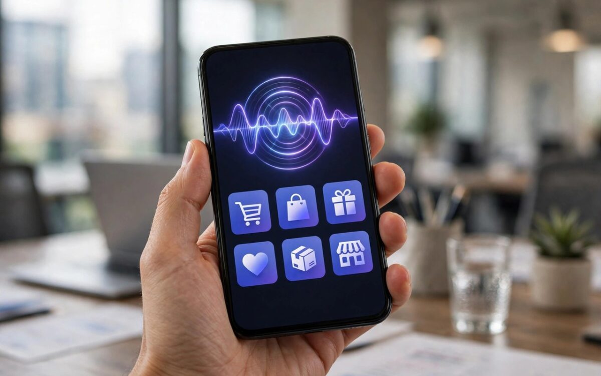 AI robot assistant interacting with a shopping app on a smartphone