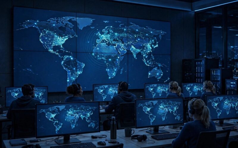 Cybersecurity operations center with screens