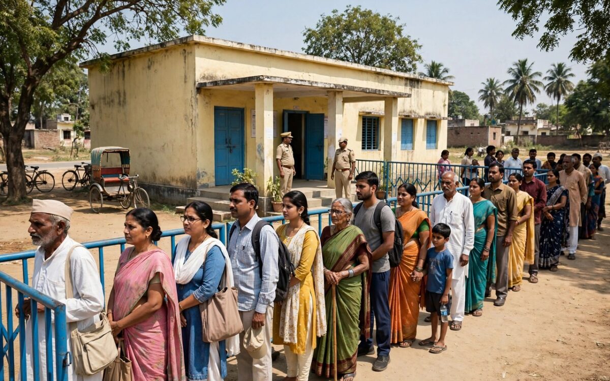 Voters queue outside a polling booth during by-elections in India