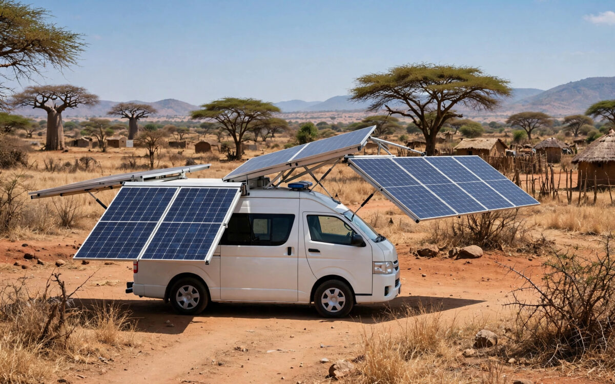 Solar-powered ambulance with extended solar panels in Kenya