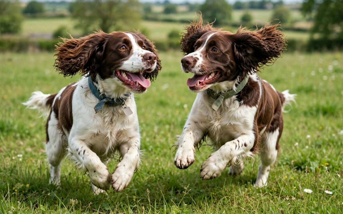 Happy rescued spaniel dogs playing in a green field
