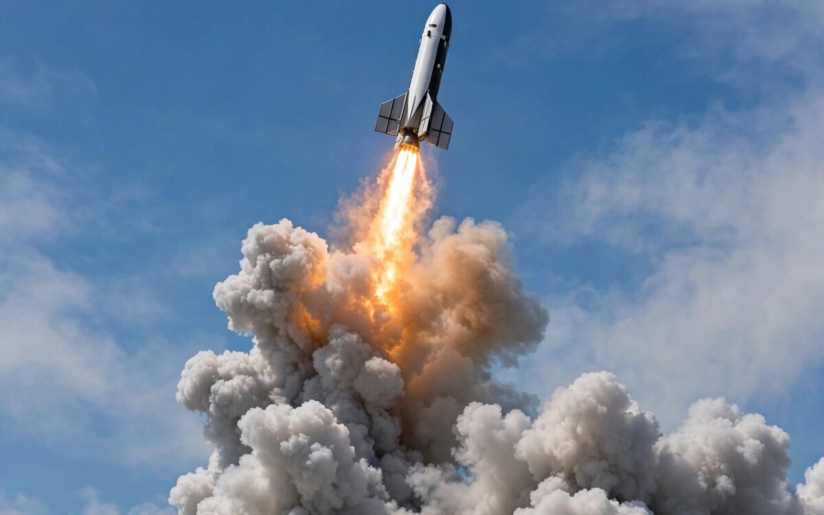 SpaceX rocket launching with a trail of fire