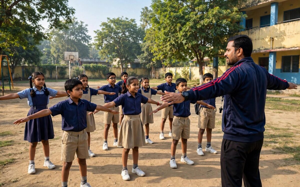 Physical education teacher training schoolchildren in sports