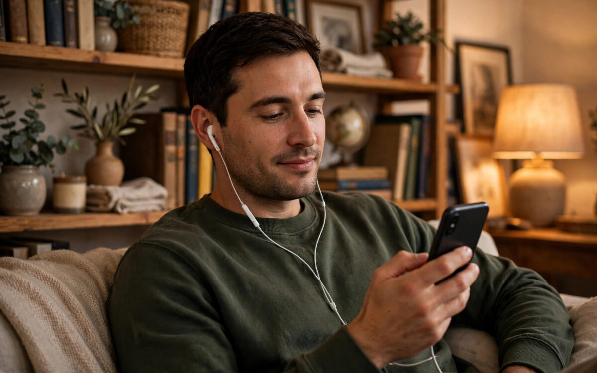 Person listening to audiobook on phone with earphones