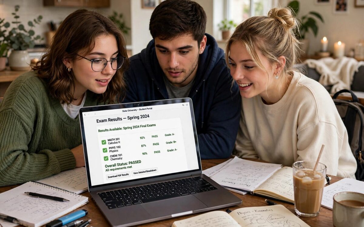 Students checking exam results on a laptop at home