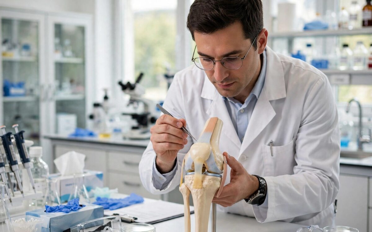 Scientist examining a knee joint model in a laboratory