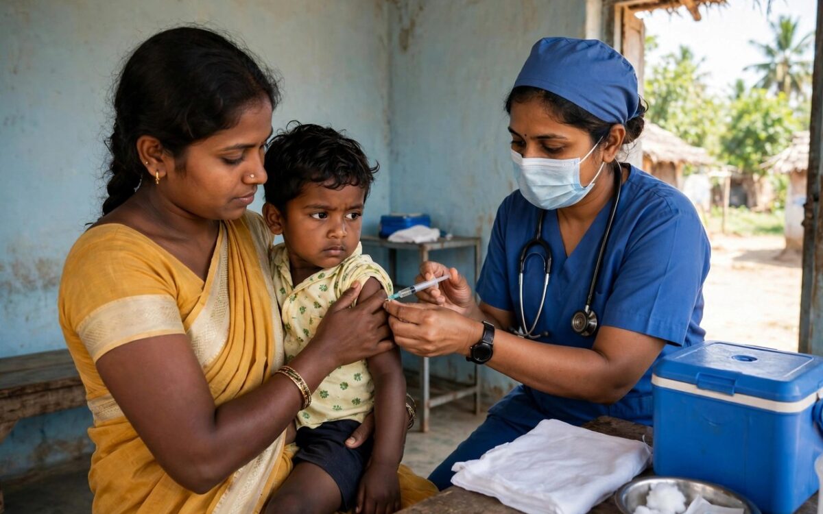 Healthcare worker administering vaccine to a child at a clinic