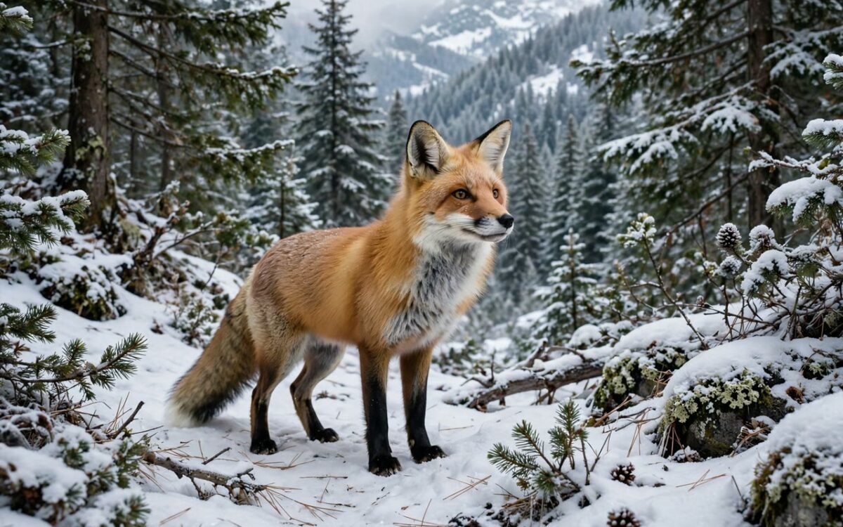 Red fox in a snowy alpine forest in Switzerland