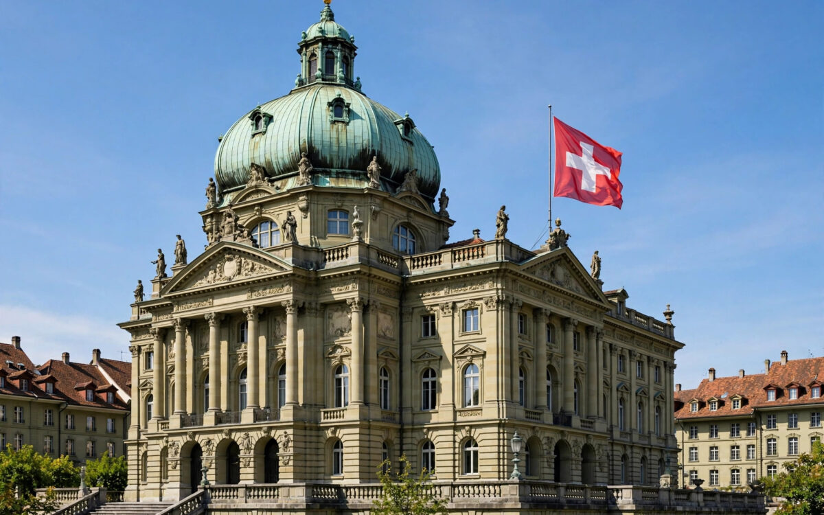 Swiss flag flying over the federal palace in Bern