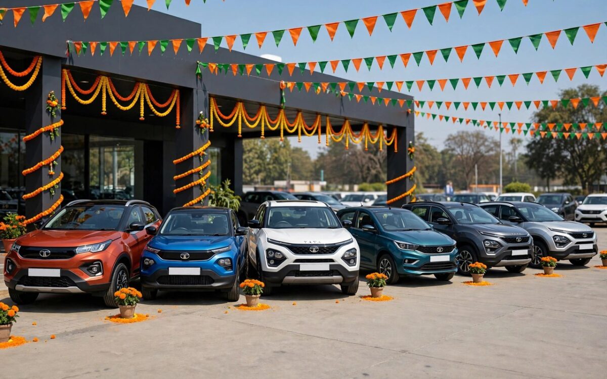 Tata Motors cars displayed at a dealership during festive discount season