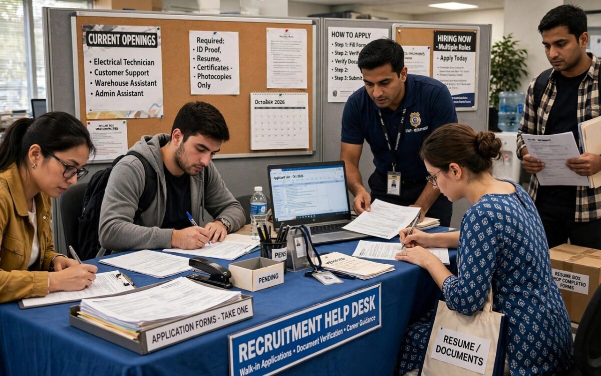 Job aspirants filling application forms at a recruitment help desk