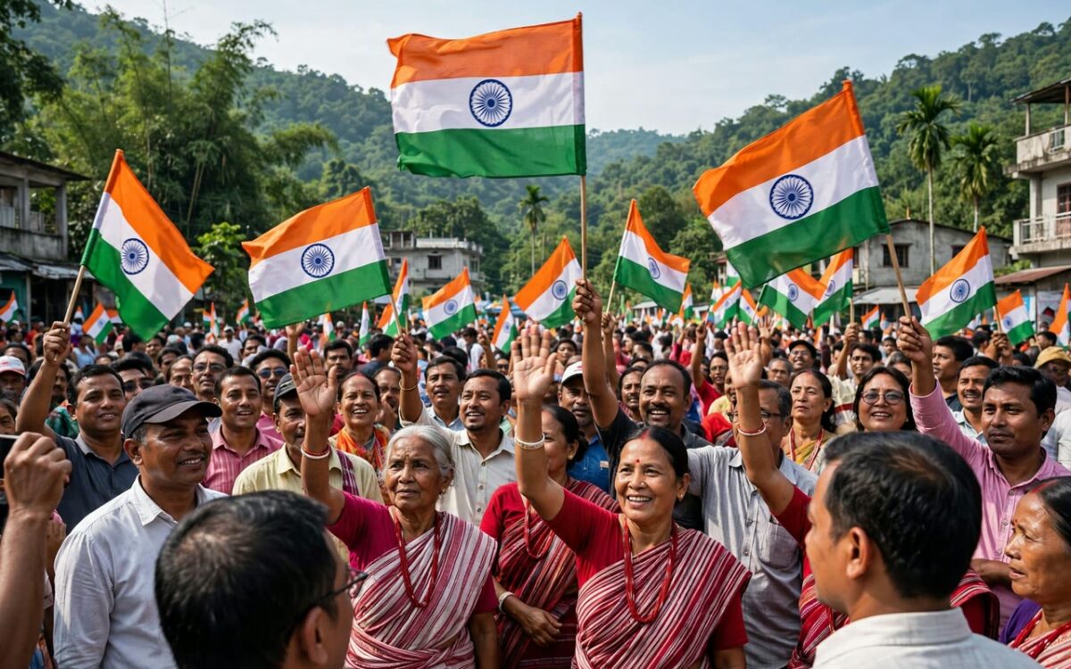 Political rally crowd in Tripura with flags waving