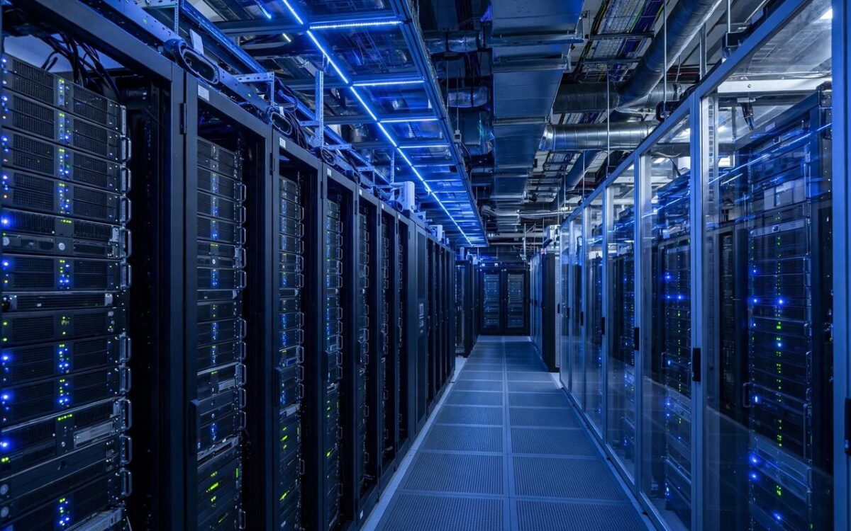 Modern data center with glowing server racks