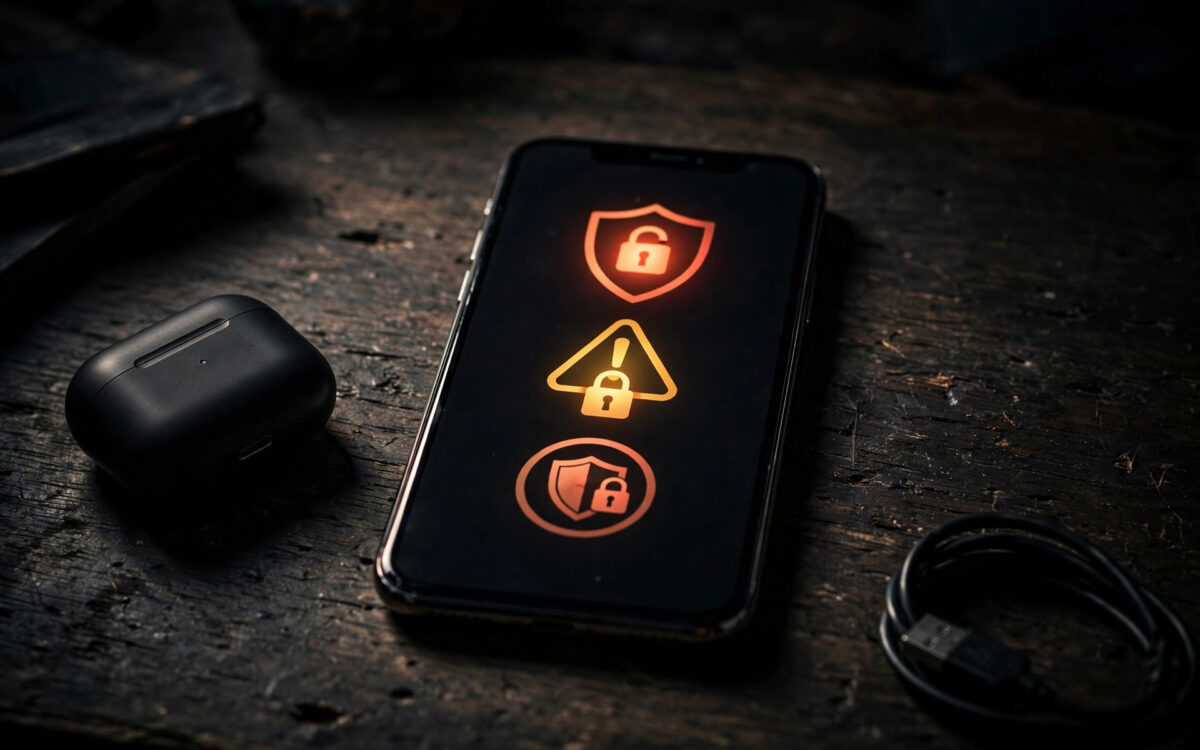 Smartphone showing security warning on a dark background