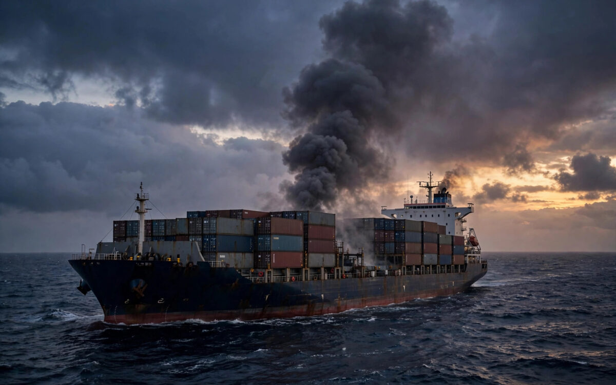 Cargo ship on fire in the Black Sea at dusk
