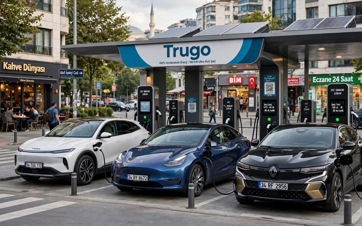 Electric cars charging at a modern charging station in a Turkish city