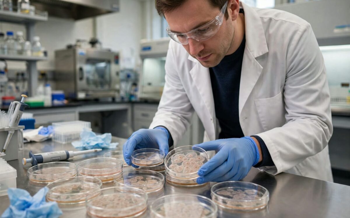 Medical researcher in a laboratory studying stem cell cultures