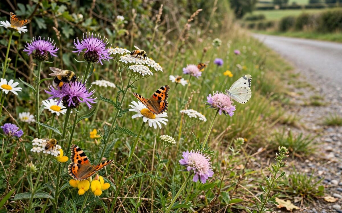 Bees and butterflies on wildflowers along a rural roadside verge