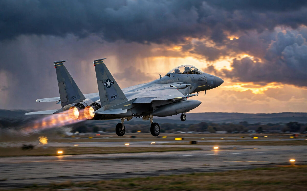 US Air Force F-15E fighter jet taking off at dusk