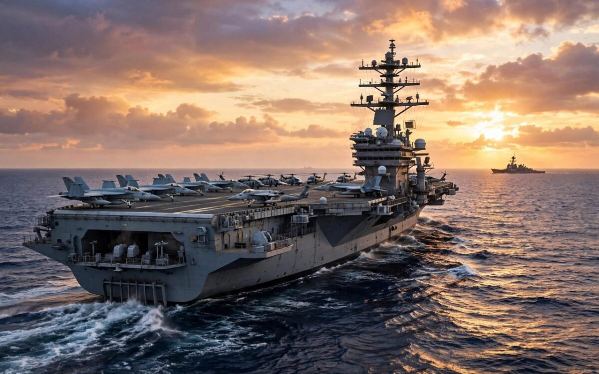 US aircraft carrier at sea at sunset