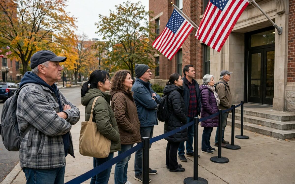 Voters queue outside a polling station with US flags in an American city