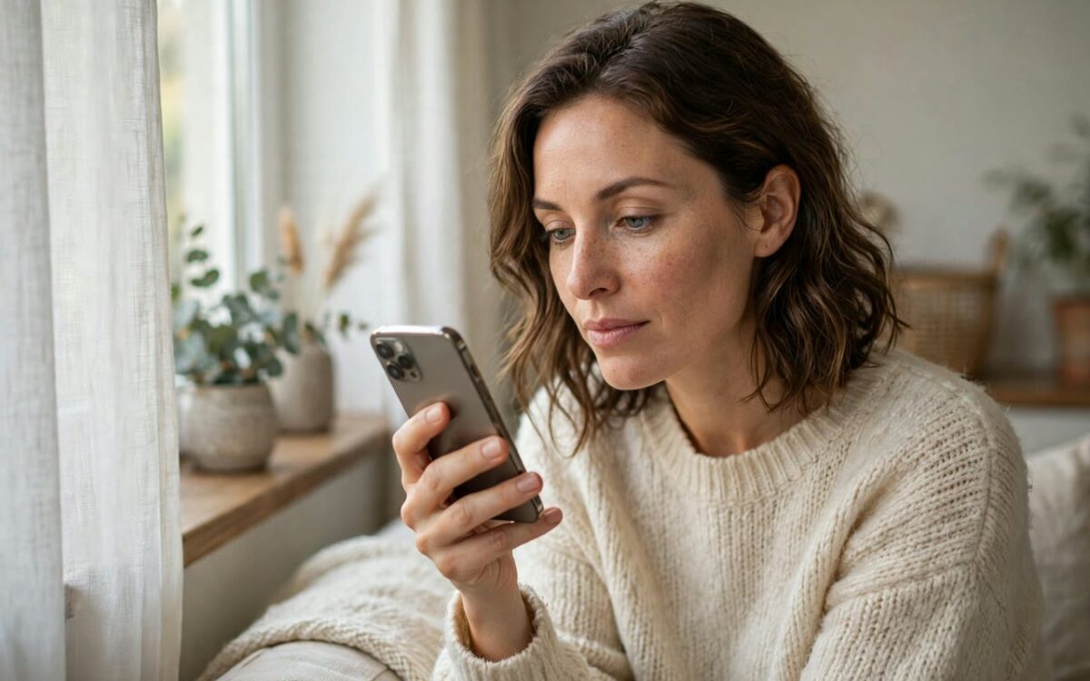 Woman using a smartphone app for a skin consultation at home