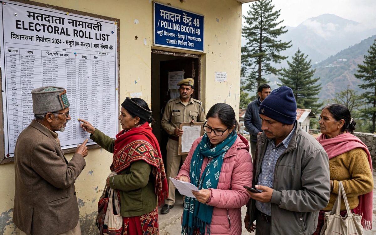 Voters checking names on an electoral roll list outside a polling booth in Uttarakhand