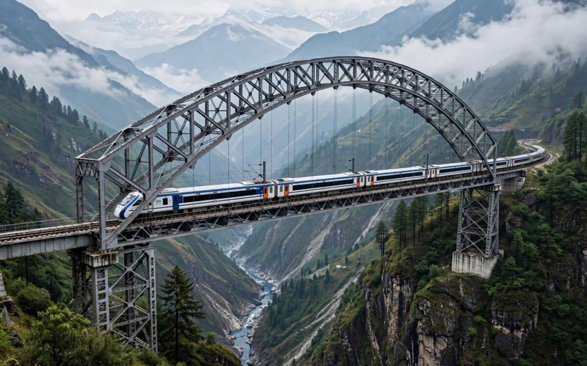 alt: Vande Bharat train crossing the Chenab railway bridge in Jammu and Kashmir